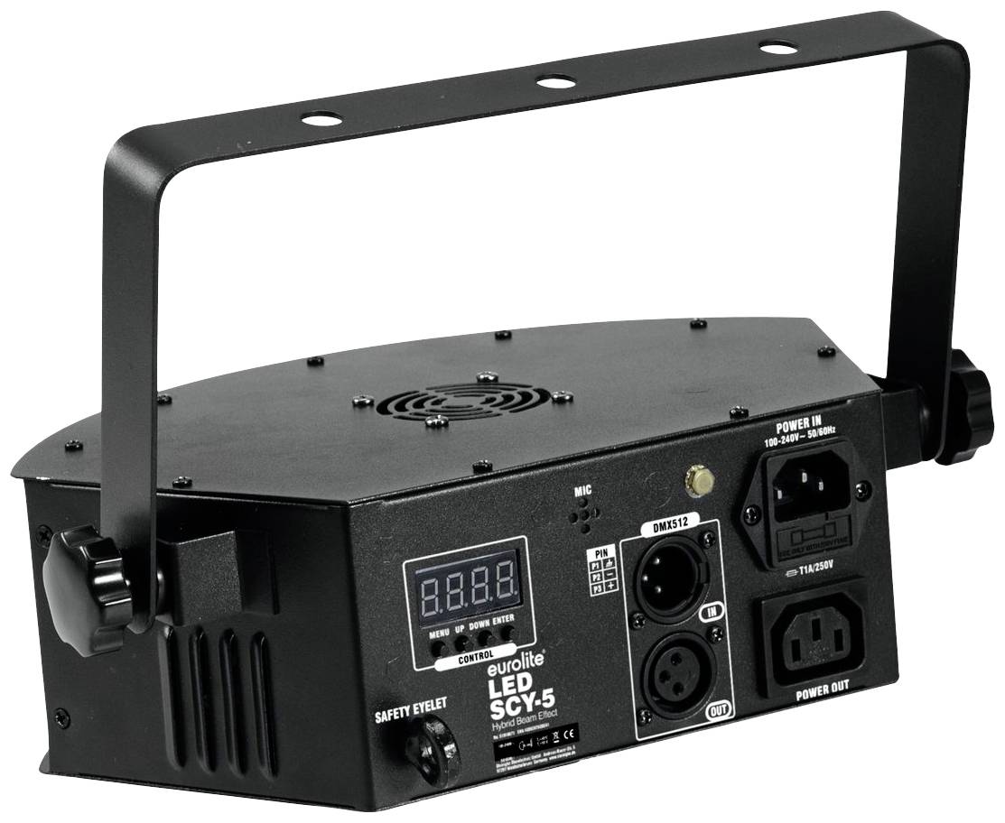 Czarny reflektor LED z uchwytem transportowym i wieloma złączami, takimi jak Power-In oraz DMX-In/Out, przeznaczony do oświetlenia scenicznego.