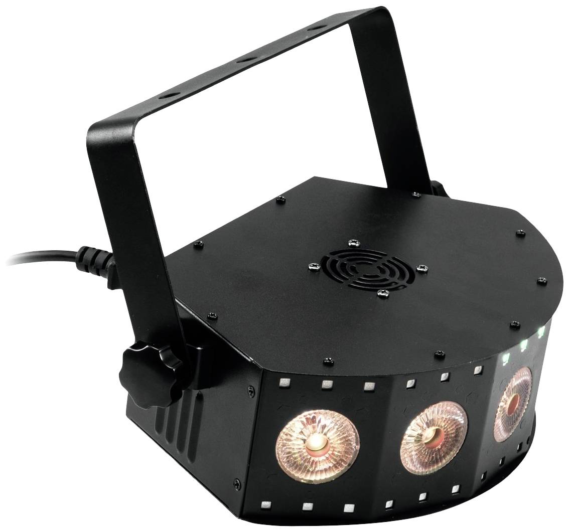 Czarny, lakierowany efekt świetlny z wieloma żarówkami LED, odpowiedni do występów scenicznych lub imprez, zamontowany na stole. Podłączony przewód zasilający.