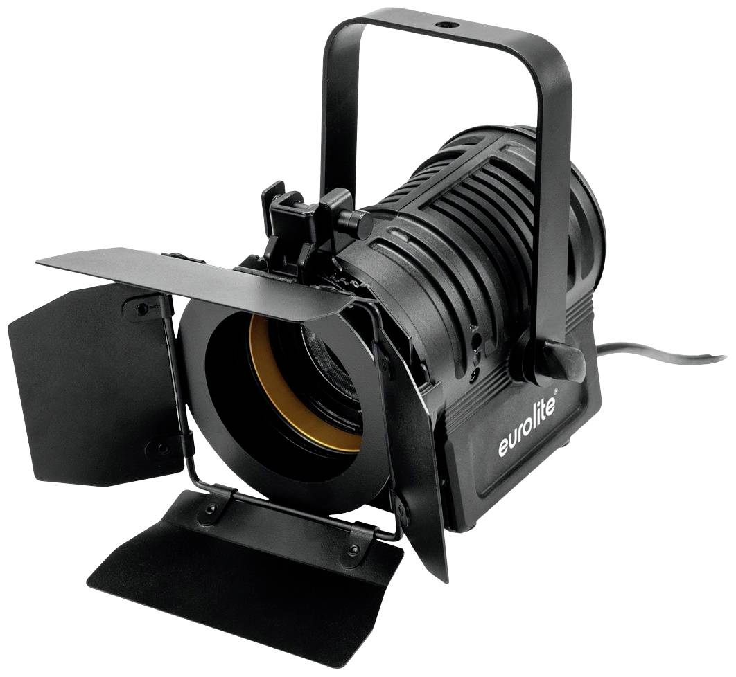 Czarny reflektor sceniczny z klapkami, odpowiedni do oświetlenia teatralnego. Na boku znajduje się napis 'eurolite'.