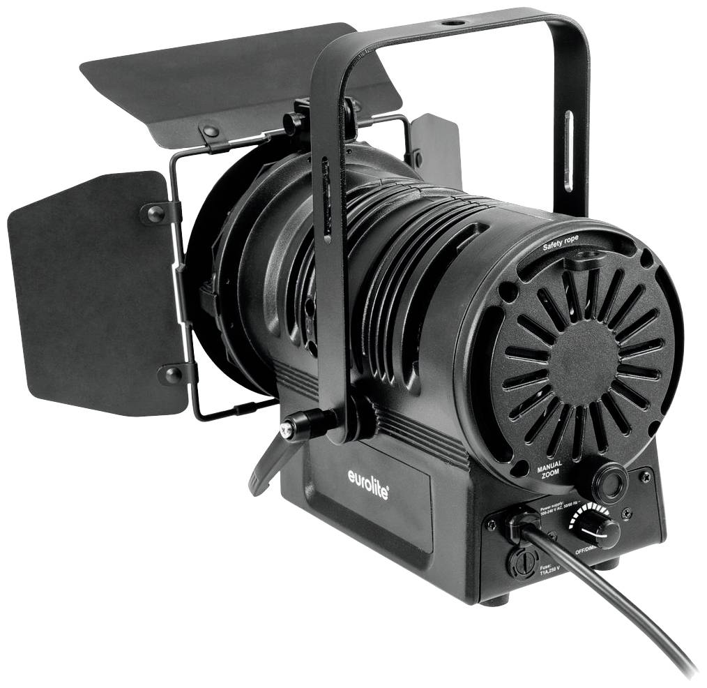 Czarny reflektor sceniczny z regulowanymi klapami do kierowania światła. Odpowiedni do profesjonalnego oświetlenia w produkcjach teatralnych i muzycznych.