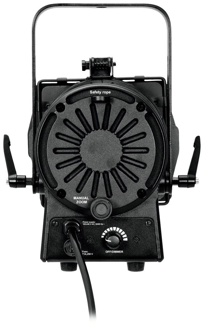 Czarna scena oświetleniowa z pokrętłem ręcznego zoomu, przełącznikiem włączania/wyłączania oraz przewodem przyłączeniowym, widoczna prawdopodobnie od tyłu.