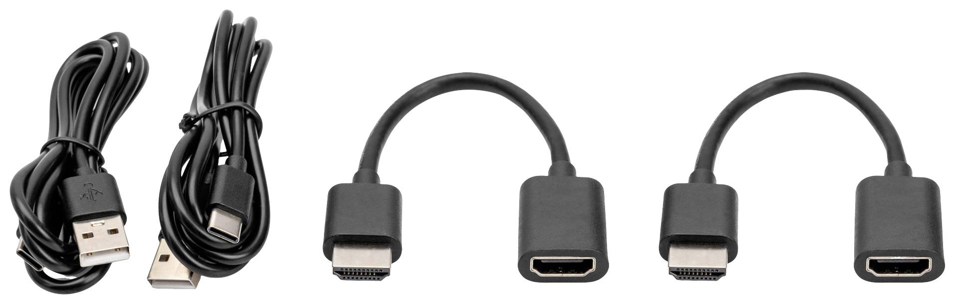 Trzy czarne kable i adaptery: po lewej stronie USB-A na Micro-USB, pośrodku adapter HDMI, po prawej kolejny adapter HDMI.