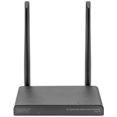 Czarny bezprzewodowy przedłużacz HDMI KVM w rozdzielczości 4K z dwiema antenami. Jest to odbiornik do bezprzewodowego przesyłania sygnału wideo.