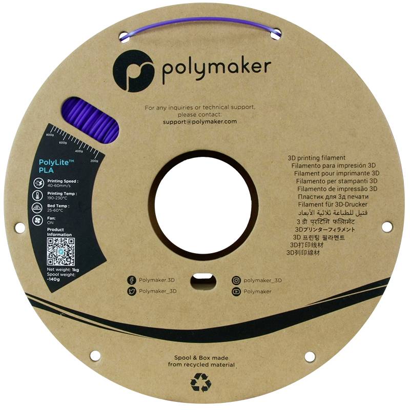 Szpula filamentu do drukarki 3D 'PolyLite PLA'. Etykieta zawiera informacje kontaktowe, logo 'polymaker', kod QR, 750g. Wykonany z materiału pochodzącego z recyklingu.
