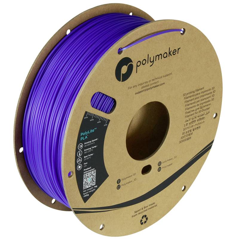 Plastikowa szpula z fioletowym włóknem do druku 3D marki Polymaker, z tekturowym opakowaniem oznaczonym logo marki i szczegółami technicznymi.