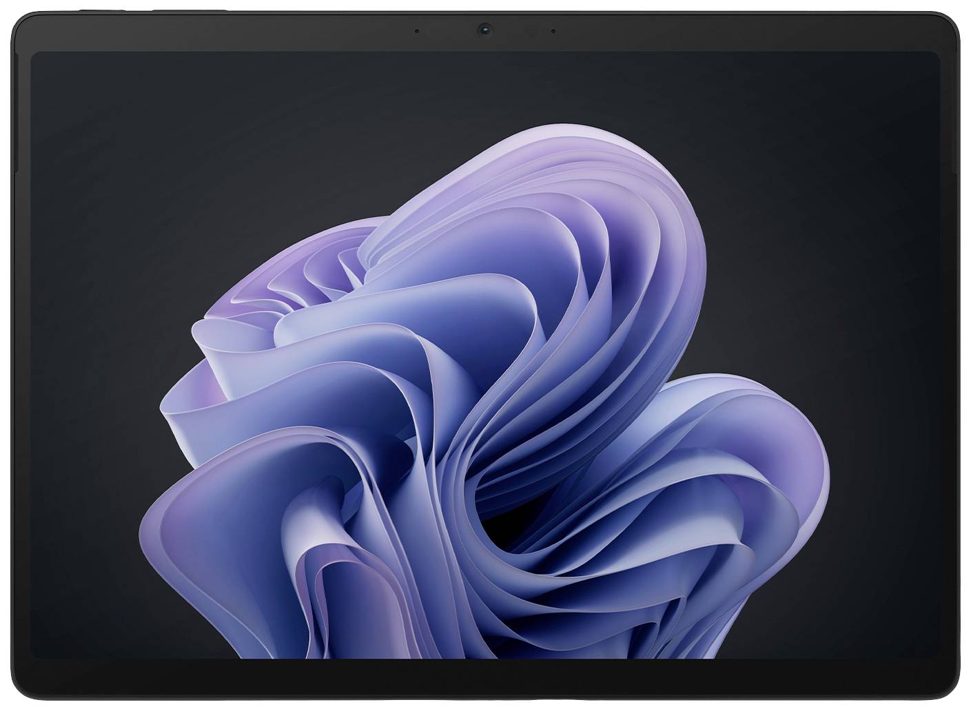 Tablet wyświetla abstrakcyjne dzieło sztuki 3D z fioletowymi i niebieskimi wirami na ekranie.