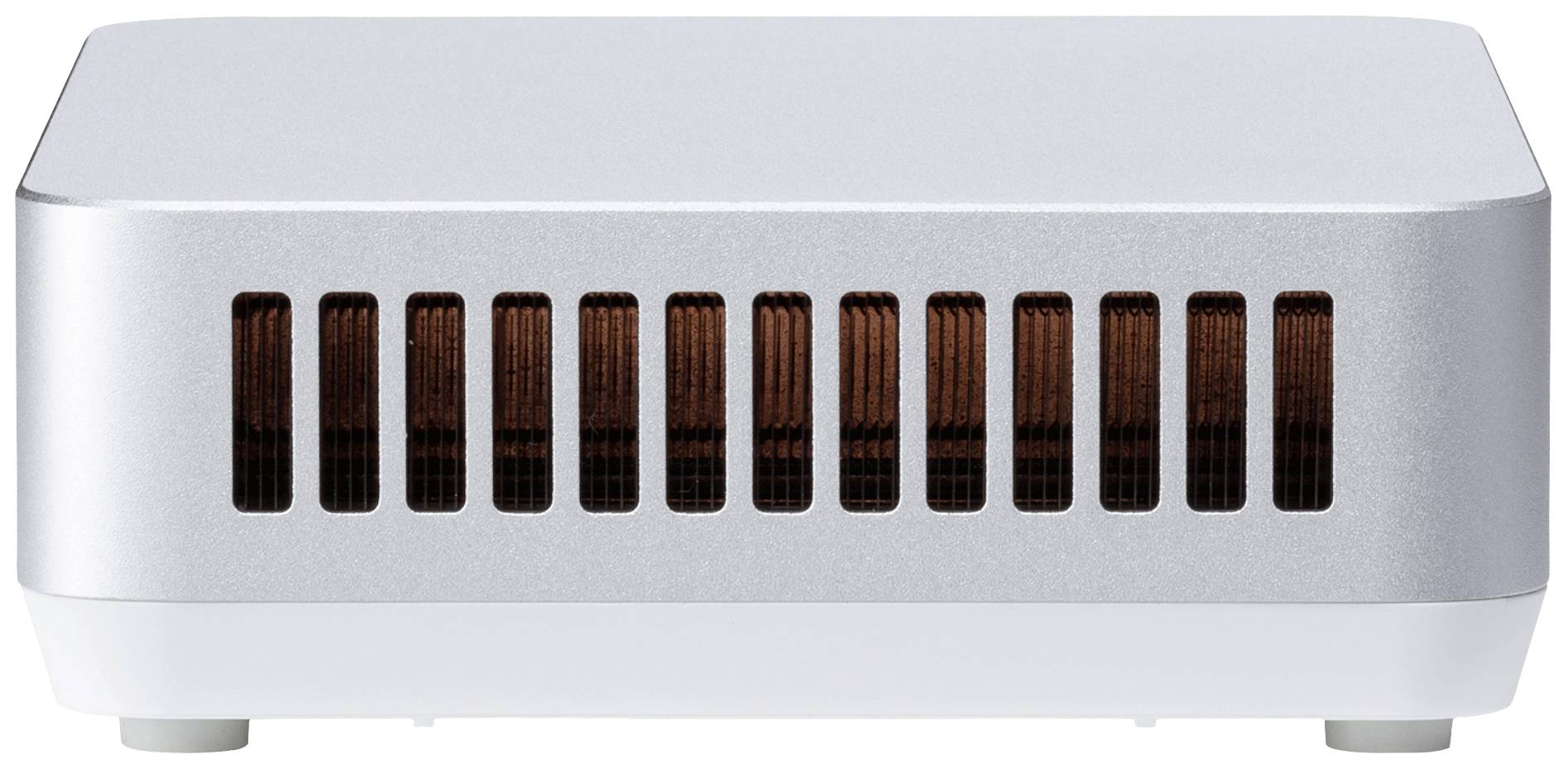 Srebrna elektroniczna skrzynka z otworami wentylacyjnymi z przodu. Prawdopodobnie urządzenie techniczne lub router.