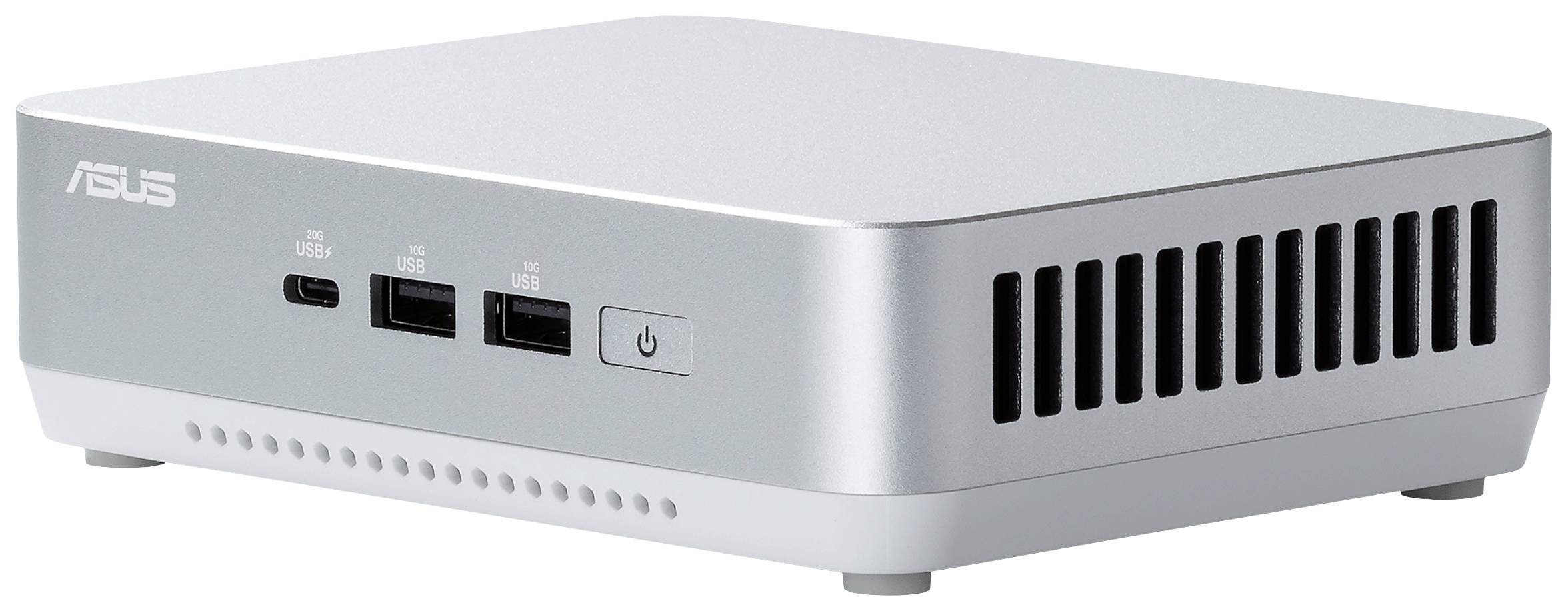 Srebrny mini komputer z portami USB i HDMI z przodu, szczelinami wentylacyjnymi po bokach, odpowiedni do zastosowań wymagających oszczędności miejsca.