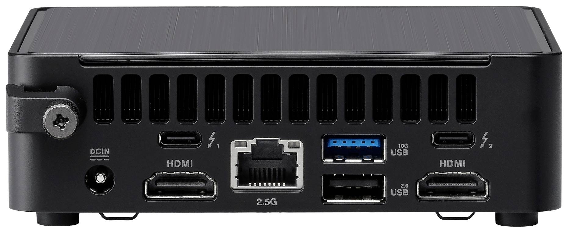 Tylna strona małego komputera z gniazdami: złącze zasilania, dwa porty HDMI, port Ethernet, porty USB, Thunderbolt 3.