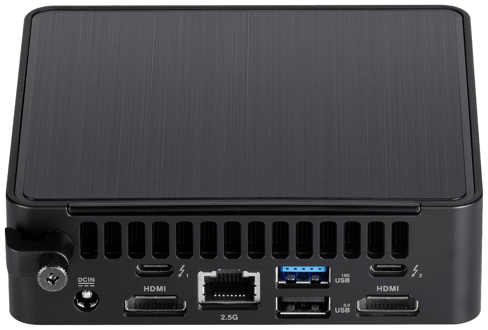 Czarny mini-komputer z wieloma portami z tyłu, w tym HDMI, USB i Ethernet, prezentuje swoje możliwości podłączeniowe.