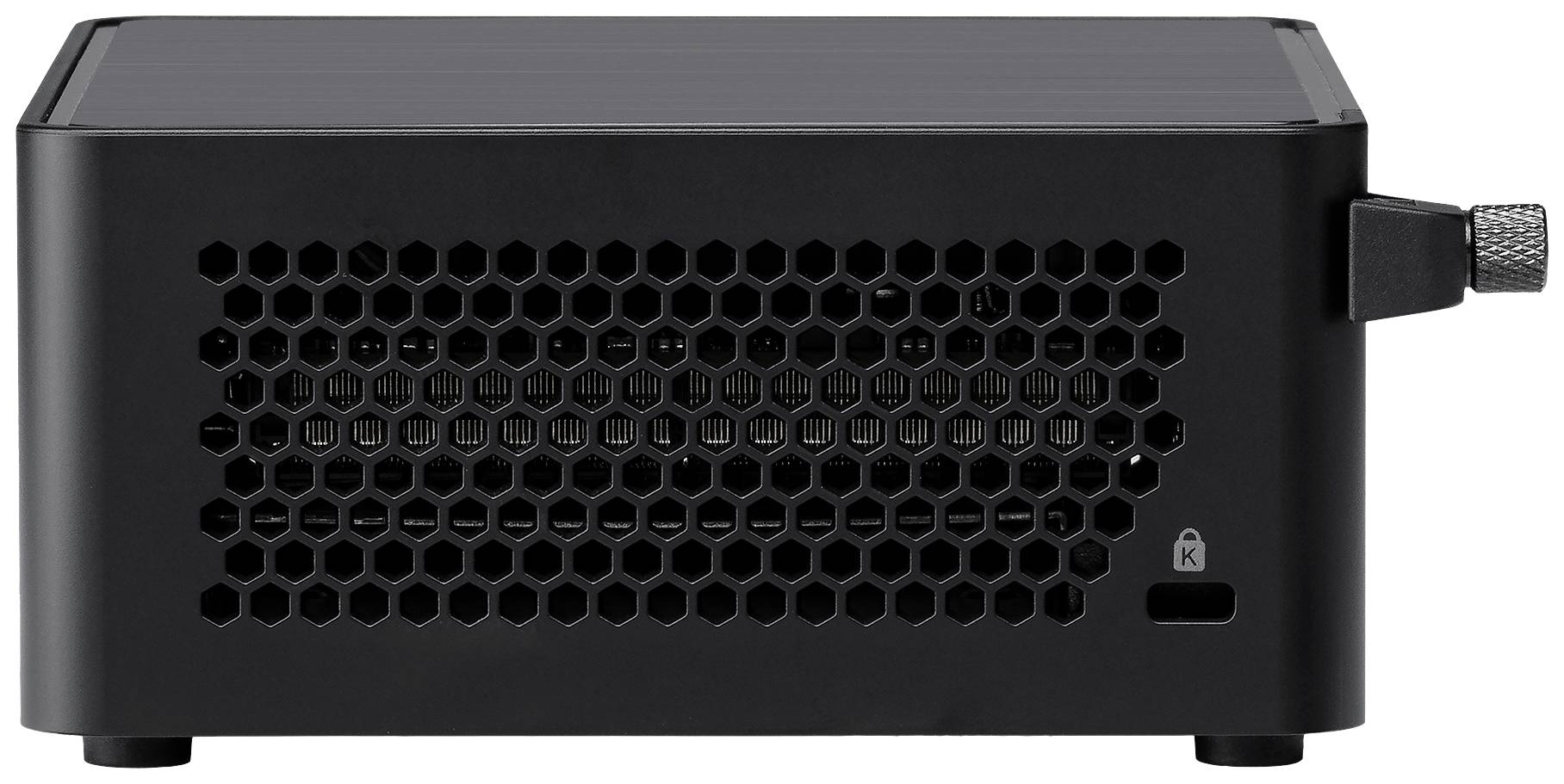 Czarny elektroniczny sprzęt z kratką wentylacyjną z boku. W górnym prawym rogu zamocowany jest mały przycisk.