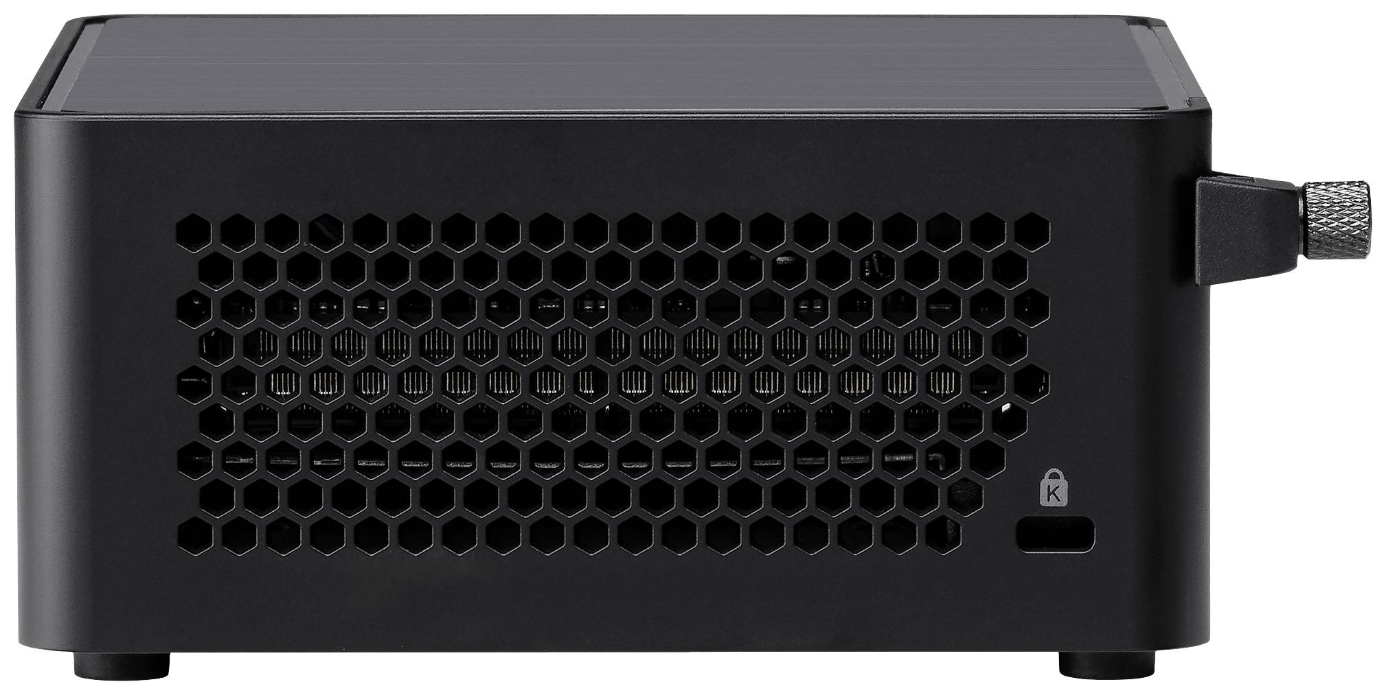 Czarny elektroniczny sprzęt z siatką wentylacyjną w kształcie plastra miodu na boku oraz złączem po prawej stronie.