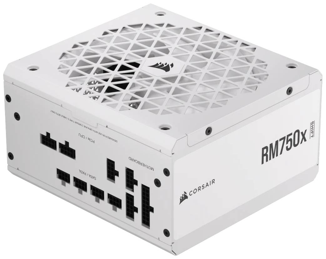 Białe zasilanie komputerowe Corsair serii RM750x z wieloma wtyczkami i wentylatorem na górnej części obudowy.