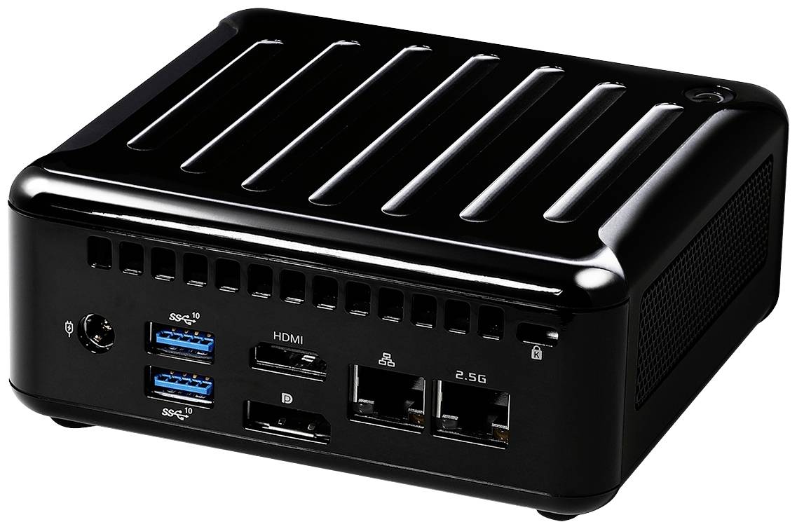 Czarny mini-komputer z wieloma portami: dwa porty USB, HDMI, DisplayPort oraz dwa złącza sieciowe.