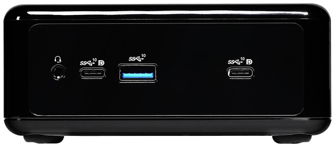 Kompaktowy czarny mini-komputer z dwoma portami USB-C i jednym portem USB-A z przodu.