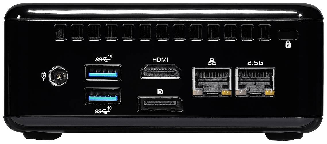 Tylna ściana mini-komputera z dwoma portami USB, wyjściem HDMI, dwoma gniazdami Ethernet oraz wyjściem DisplayPort.