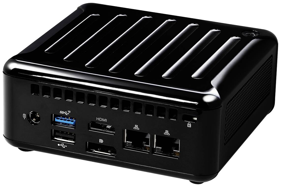 Kompaktowy, czarny mini-komputer z otworami wentylacyjnymi i wieloma złączami, w tym USB, HDMI i Ethernet, na przedniej ściance.