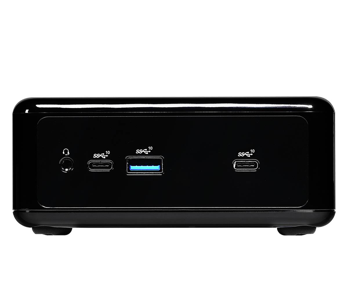 Czarne urządzenie elektroniczne z wieloma portami z przodu, w tym USB-C i USB-A.