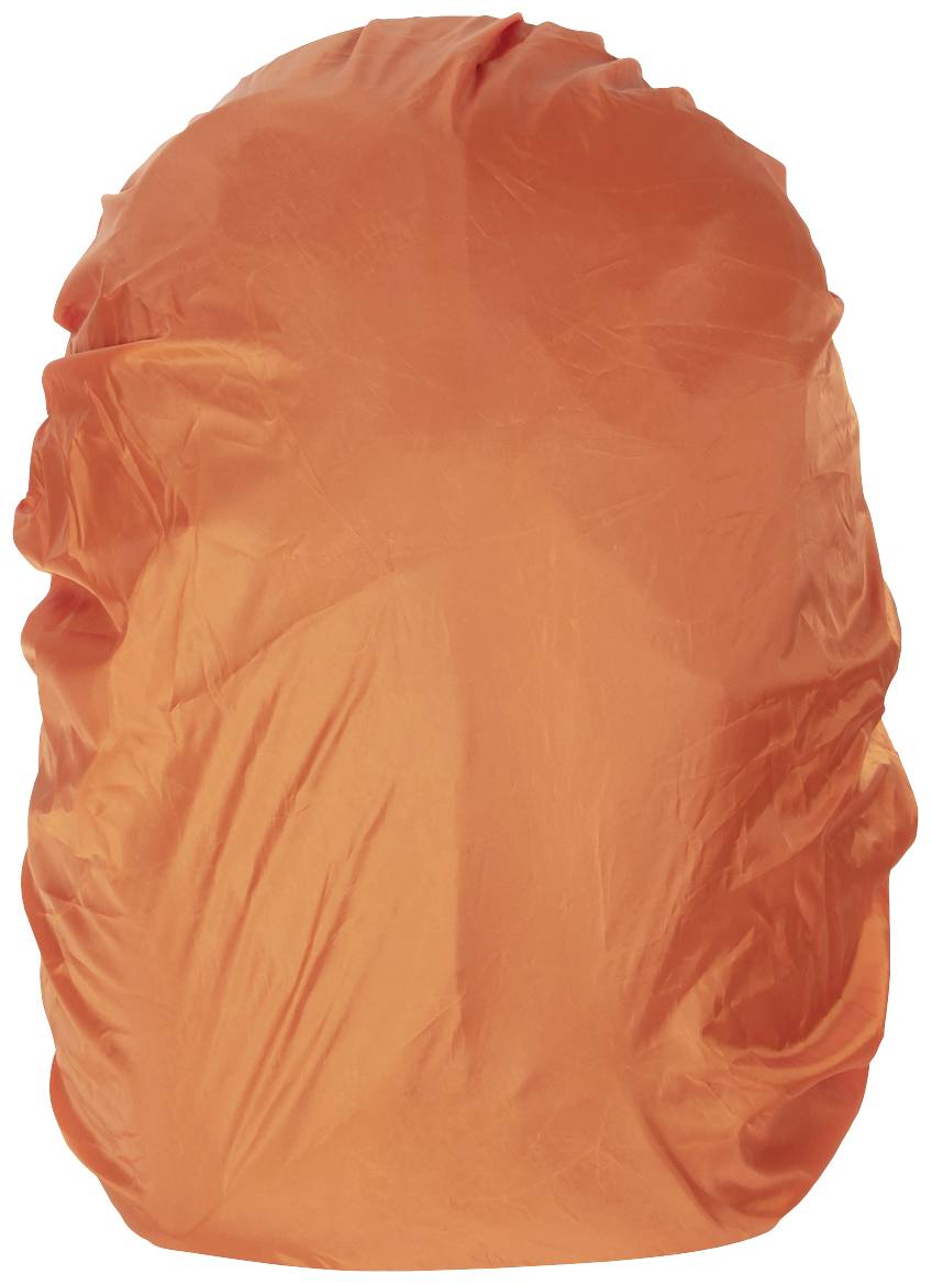 Jaskrawo pomarańczowa osłona przeciwdeszczowa rozciągnięta nad plecakiem chroni przed wilgocią i zabrudzeniami.