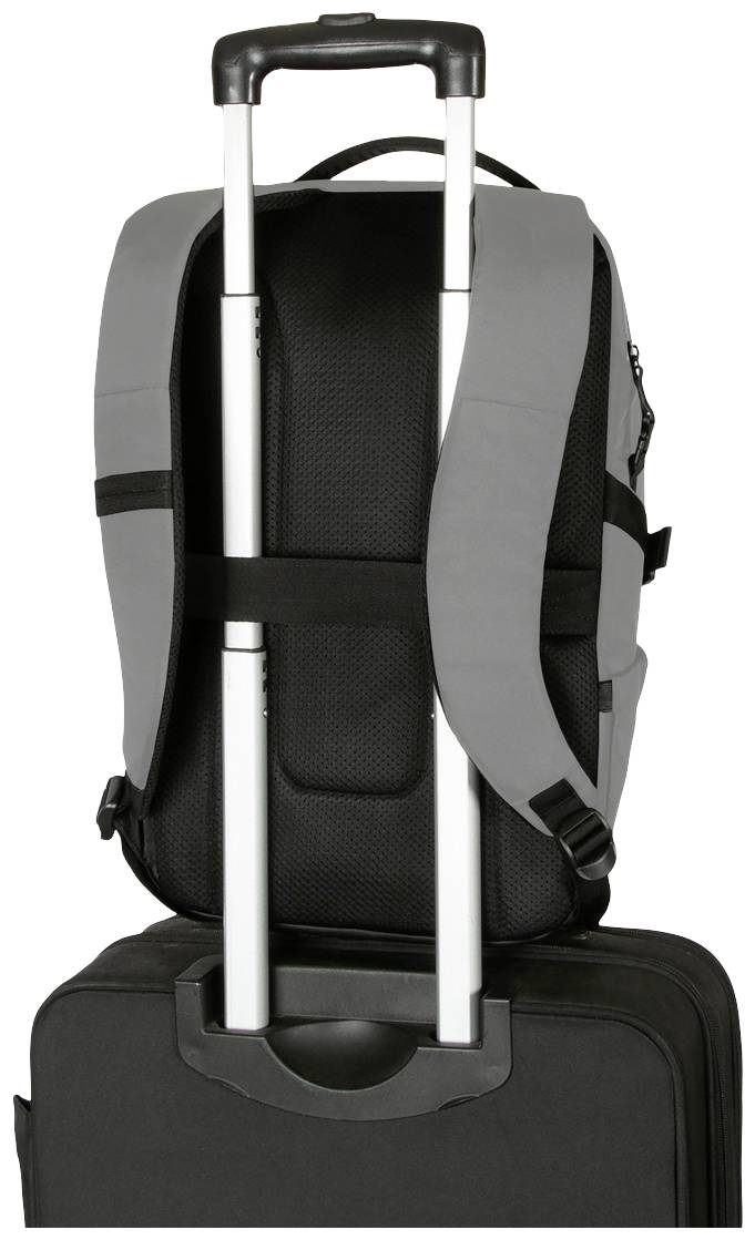 Czarny kufer z wysuniętą rączką. Szary plecak jest przewieszony przez uchwyt.