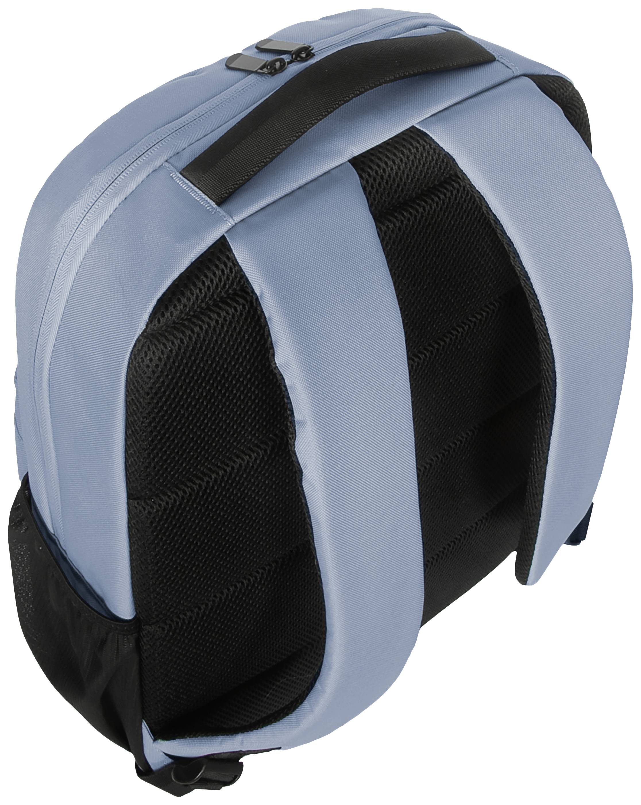 Niebieski plecak z czarnymi paskami na ramiona i małym zamkiem błyskawicznym u góry, widziany od tyłu.