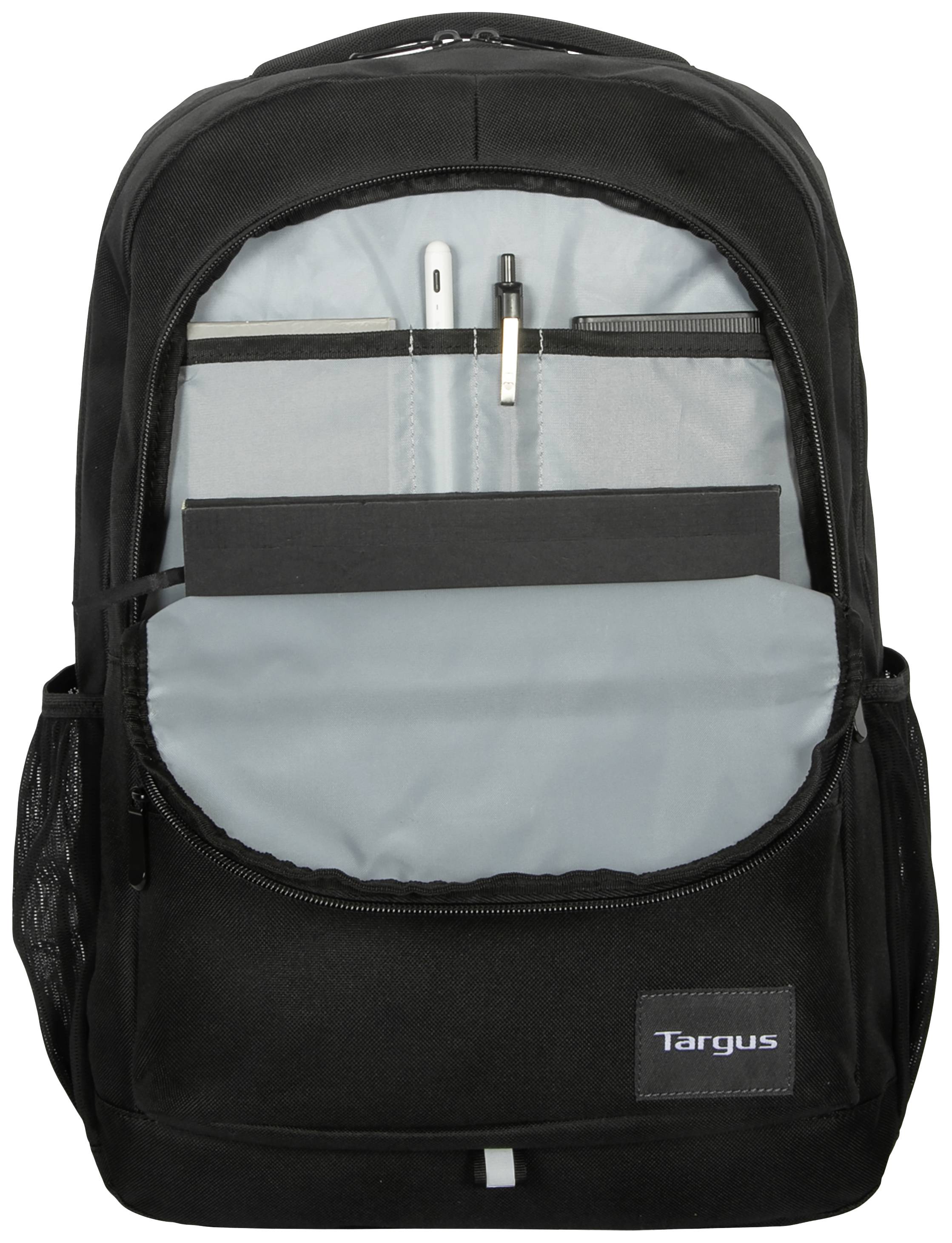 Czarny plecak z otwartym zamkiem błyskawicznym, ukazujący kilka przegródek i kieszeni. Znajdują się w nim pisaki i notes.