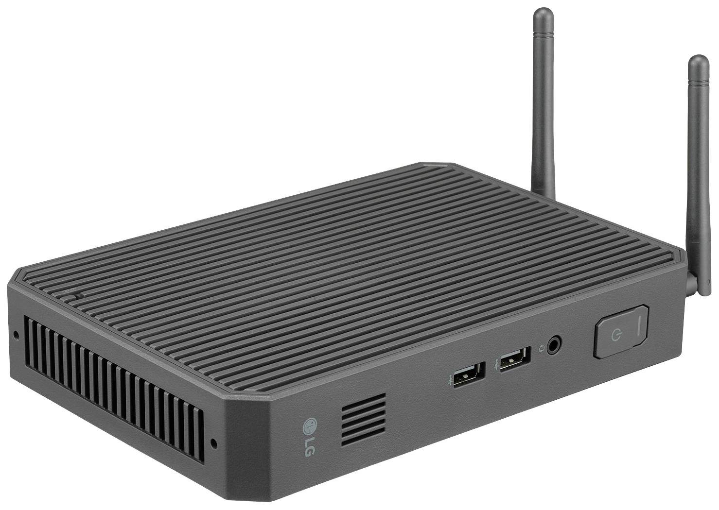 Czarny miniaturowy komputer z żebrowaną powierzchnią i dwiema antenami Wi-Fi, z przodu widoczne są dwa porty USB oraz przycisk zasilania.