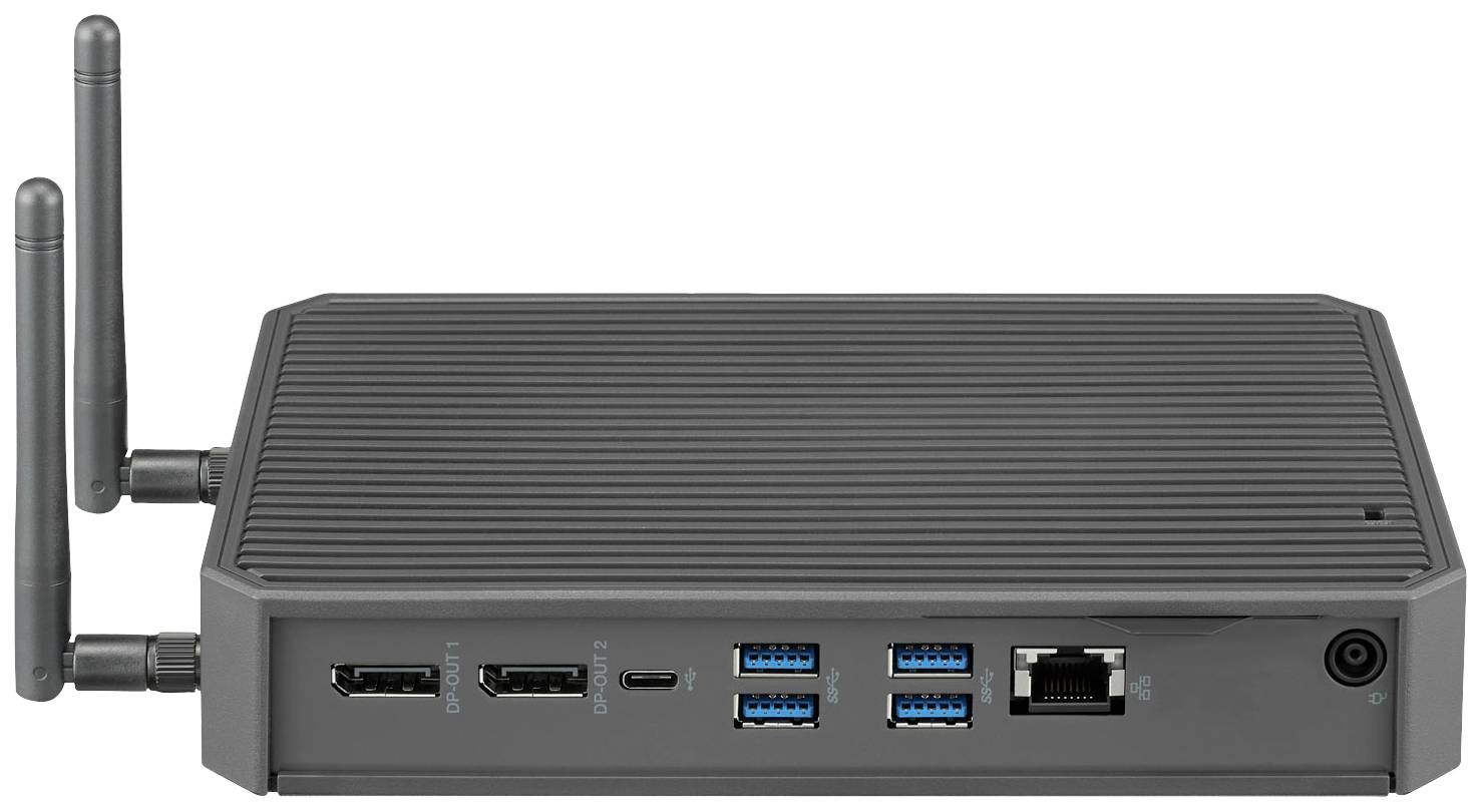 Kompaktowa, szara miniatura komputera z dwiema antenami i kilkoma złączami z tyłu, w tym HDMI, USB i Ethernet.