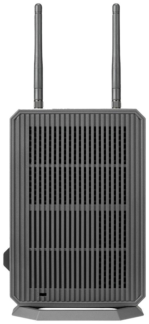 Czarny router Wi-Fi z dwiema antenami i pionowymi otworami wentylacyjnymi na pierwszym planie.