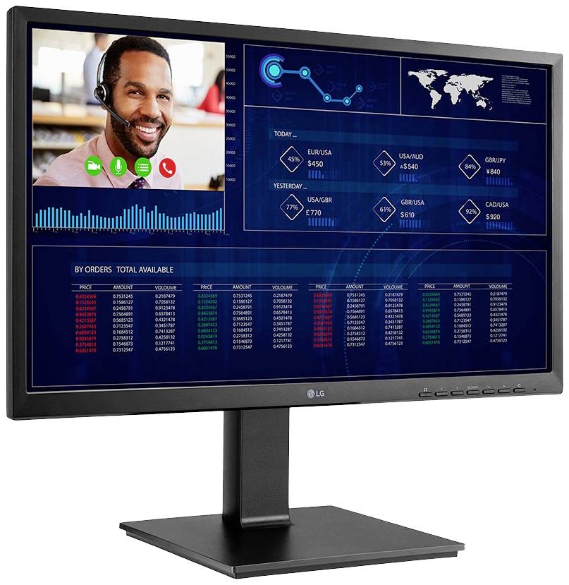 Monitor wyświetla dane handlowe z mapą świata oraz dwoma tabelami zamówień i cen. W lewym górnym rogu widać osobę w słuchawkach.