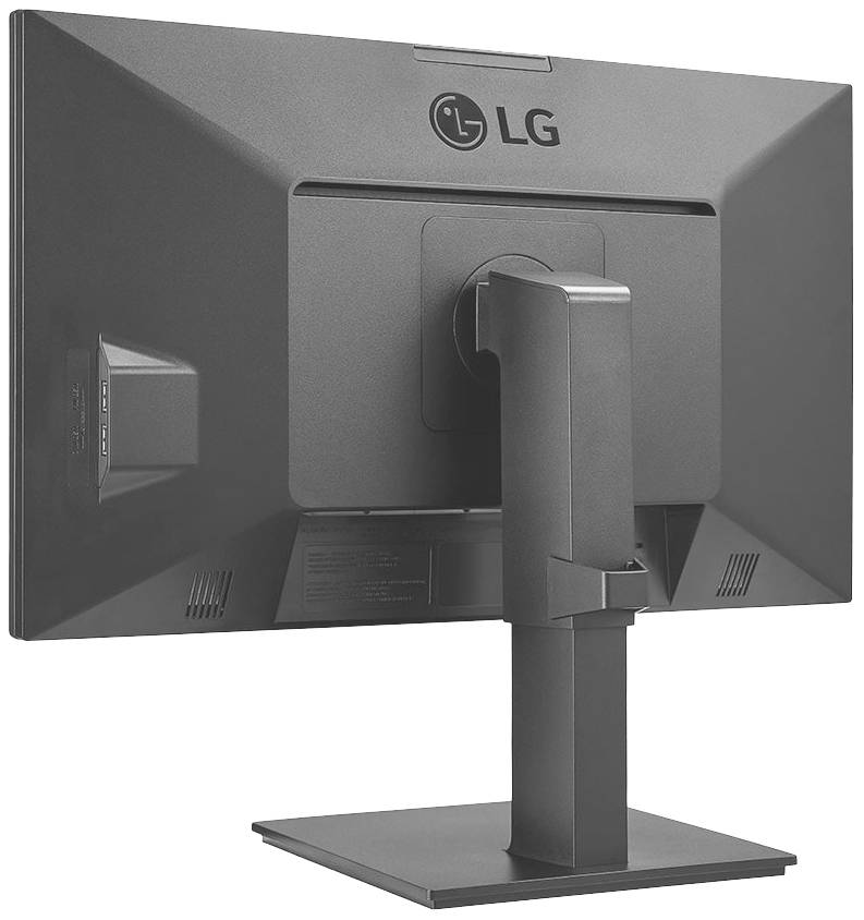 Widok z tyłu monitora LG na regulowanym stojaku.