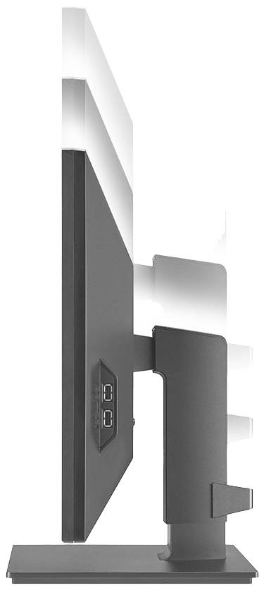 Widok z boku nowoczesnego monitora płaskiego. Ekran jest ultracienki, posiada wąską ramkę i widoczne są dwa złącza USB.