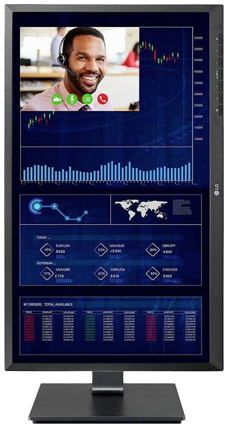 Ekran komputera wyświetla interfejs wideorozmowy z osobą oraz grafikami przedstawiającymi kursy akcji i globalne dane sprzedażowe.