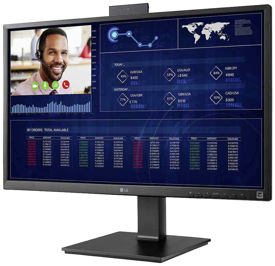 Ekran komputera wyświetla wideokonferencję z uśmiechniętym mężczyzną oraz pulpit nawigacyjny z globalnymi danymi finansowymi i wykresami.