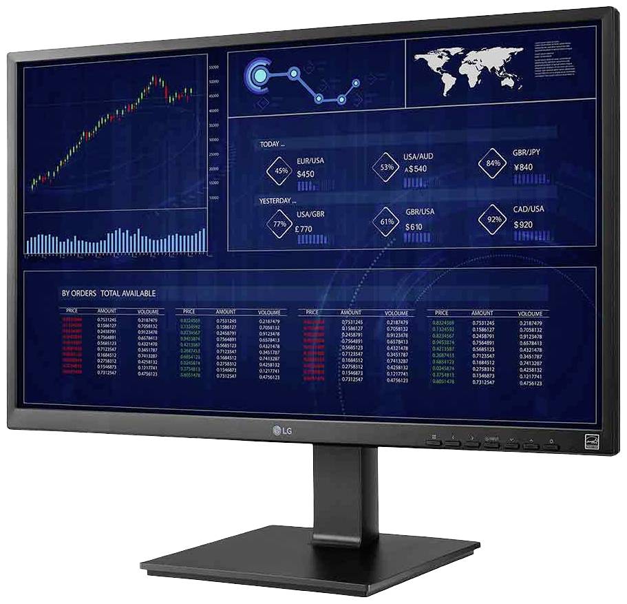 Ekran komputera wyświetla dashboard finansowy z wykresami akcji, kursami walut oraz mapą świata służącą do prezentacji danych.