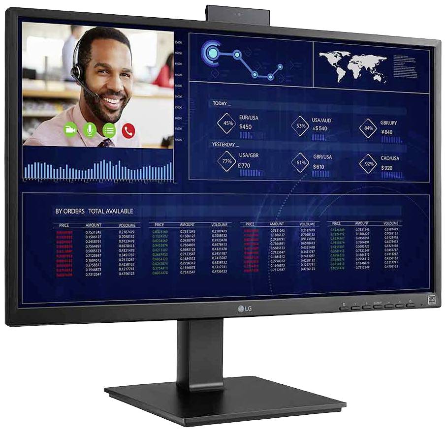 Monitor komputerowy wyświetla wideokonferencję z jedną osobą, obok którego znajdują się wykresy i tabele przedstawiające globalne dane sprzedażowe oraz trendy.