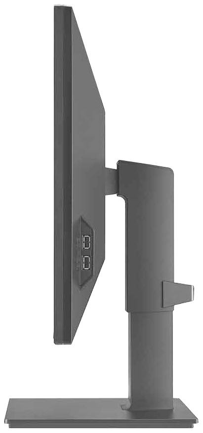 Widok z boku nowoczesnego monitora komputerowego o smukłej sylwetce, przedstawiający dwa porty USB umieszczone z boku ramienia monitora.