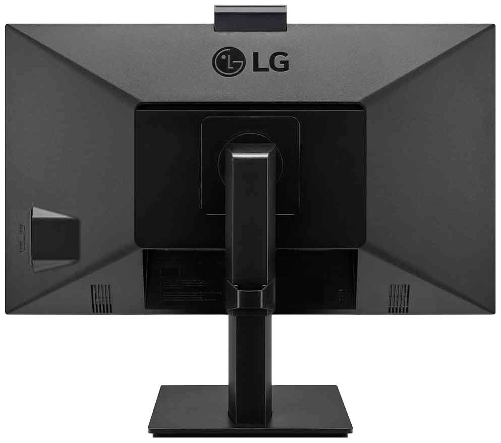 Widok z tyłu monitora komputerowego LG z prostokątną podstawą, czarną obudową i centralnym punktem mocowania.