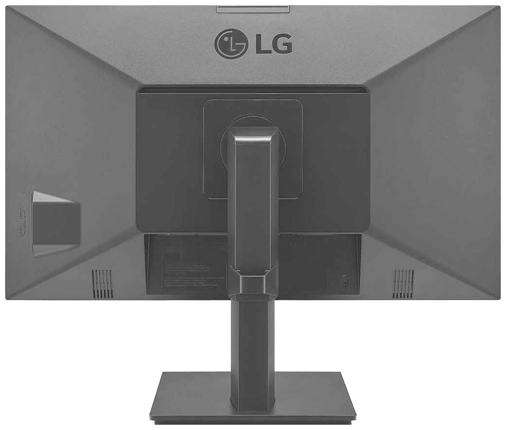 Widok z tyłu szarego monitora LG z regulowaną podstawą, centralnym logo LG i otworami wentylacyjnymi.