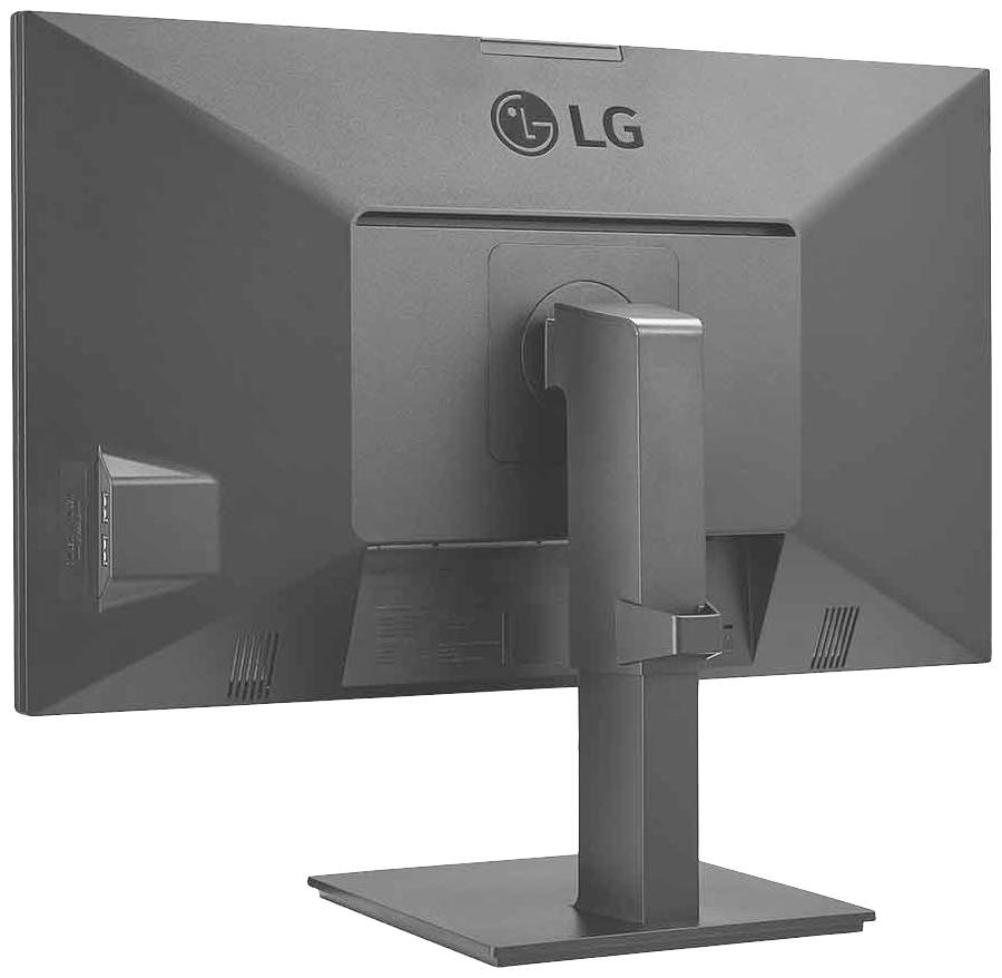 Czarny monitor komputerowy widziany od tyłu z solidną podstawą. Na górze widoczne jest logo.