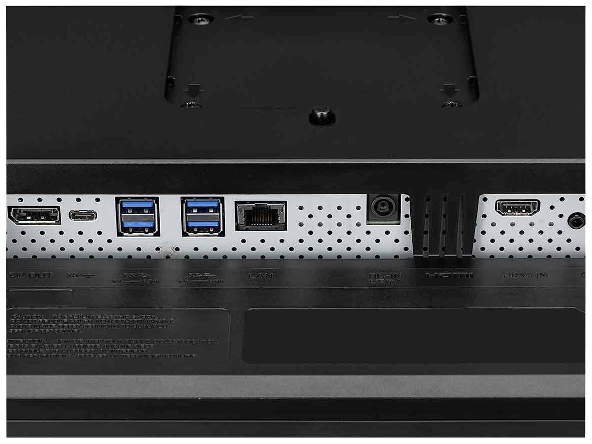 Tylna strona monitora z wieloma złączami: HDMI, USB-C, dwa porty USB 3.0, Ethernet oraz wtyk zasilający.