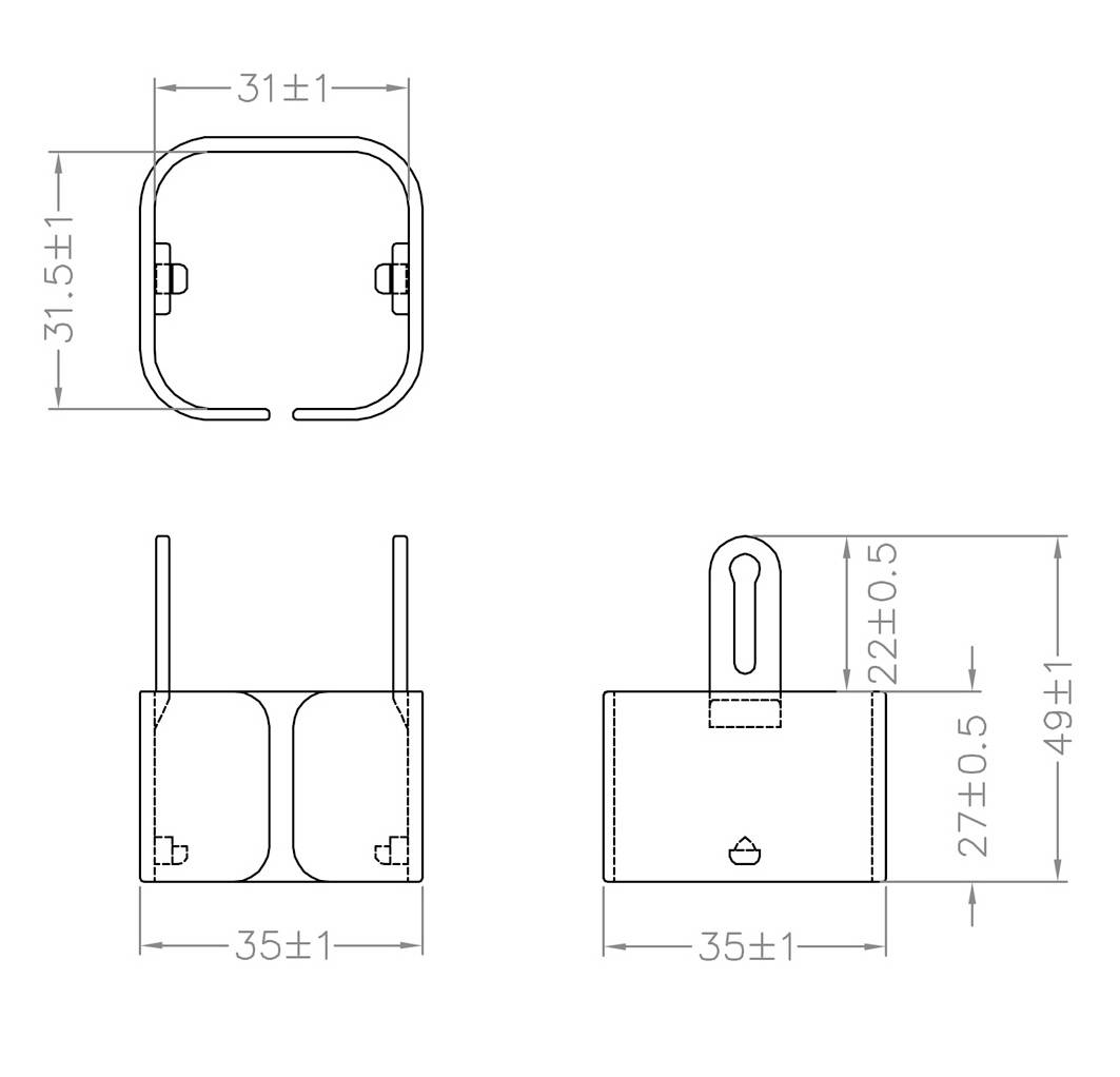 Rysunek techniczny prostokątnego haka metalowego o wymiarach: 31,5 mm x 31 mm, całkowita wysokość 49 mm, szerokość 35 mm.