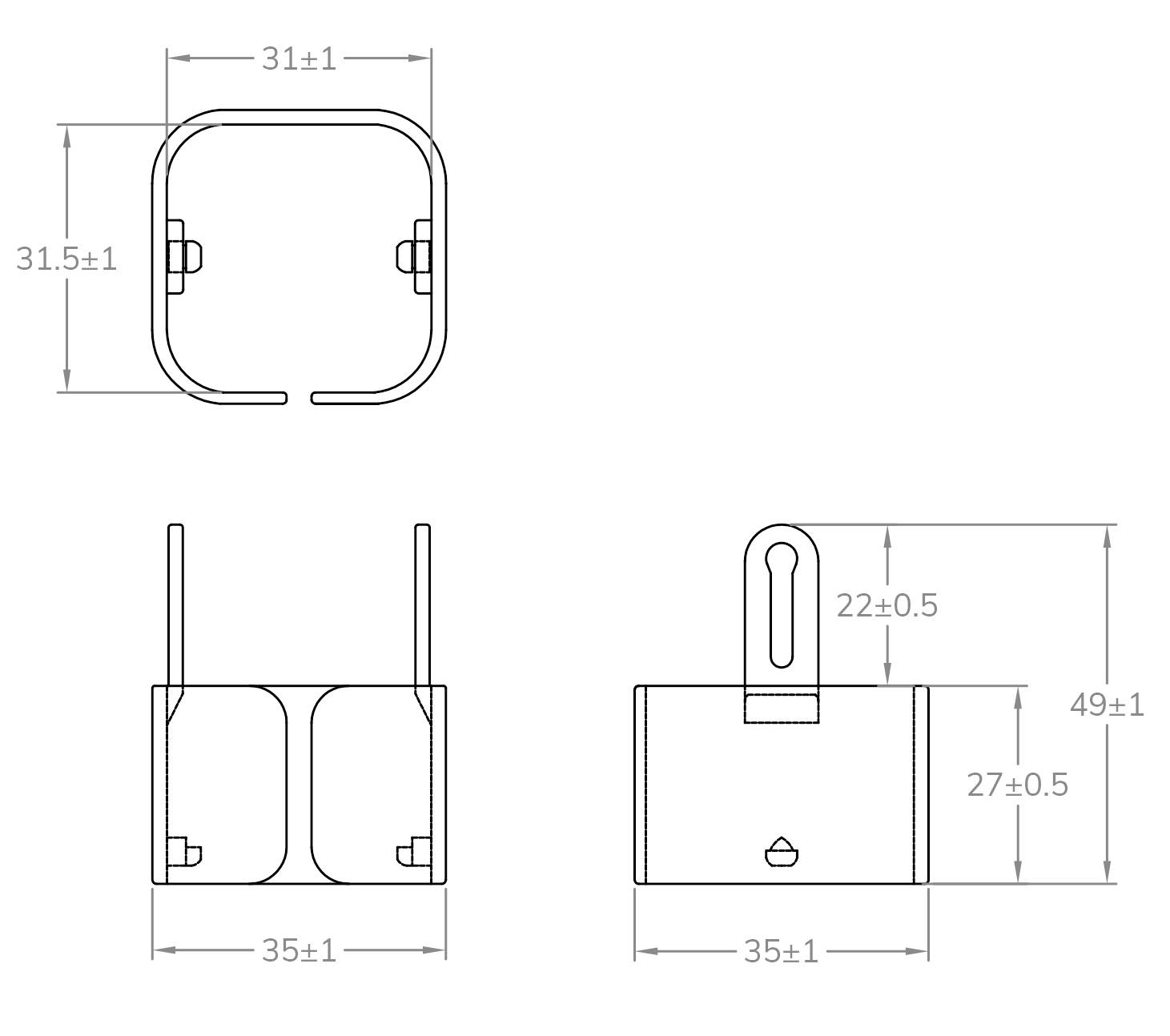 Rysunek techniczny elementu metalowego o wymiarach: górny 31±1 mm, boczny 31,5±1 mm, prawy 49±1 mm. Zawiera otwory.