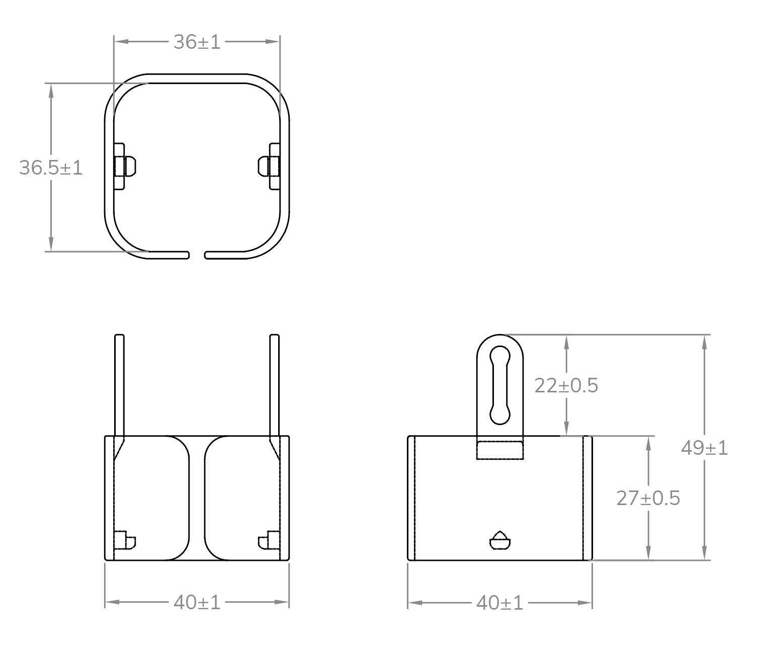 Rysunek techniczny elementu: Widok z góry przedstawia kształt kwadratowy, z boku i z przodu wskazane wymiary 36x40 mm, wysokość 49 mm.