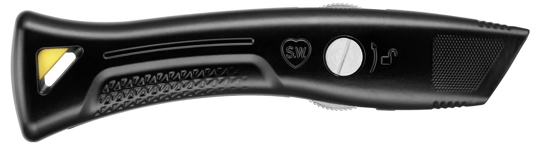 Czarny nóż bezpieczeństwa z ergonomicznym uchwytem, logo w kształcie serca, srebrną śrubą i żółtą blokadą bezpieczeństwa na wierzchu.