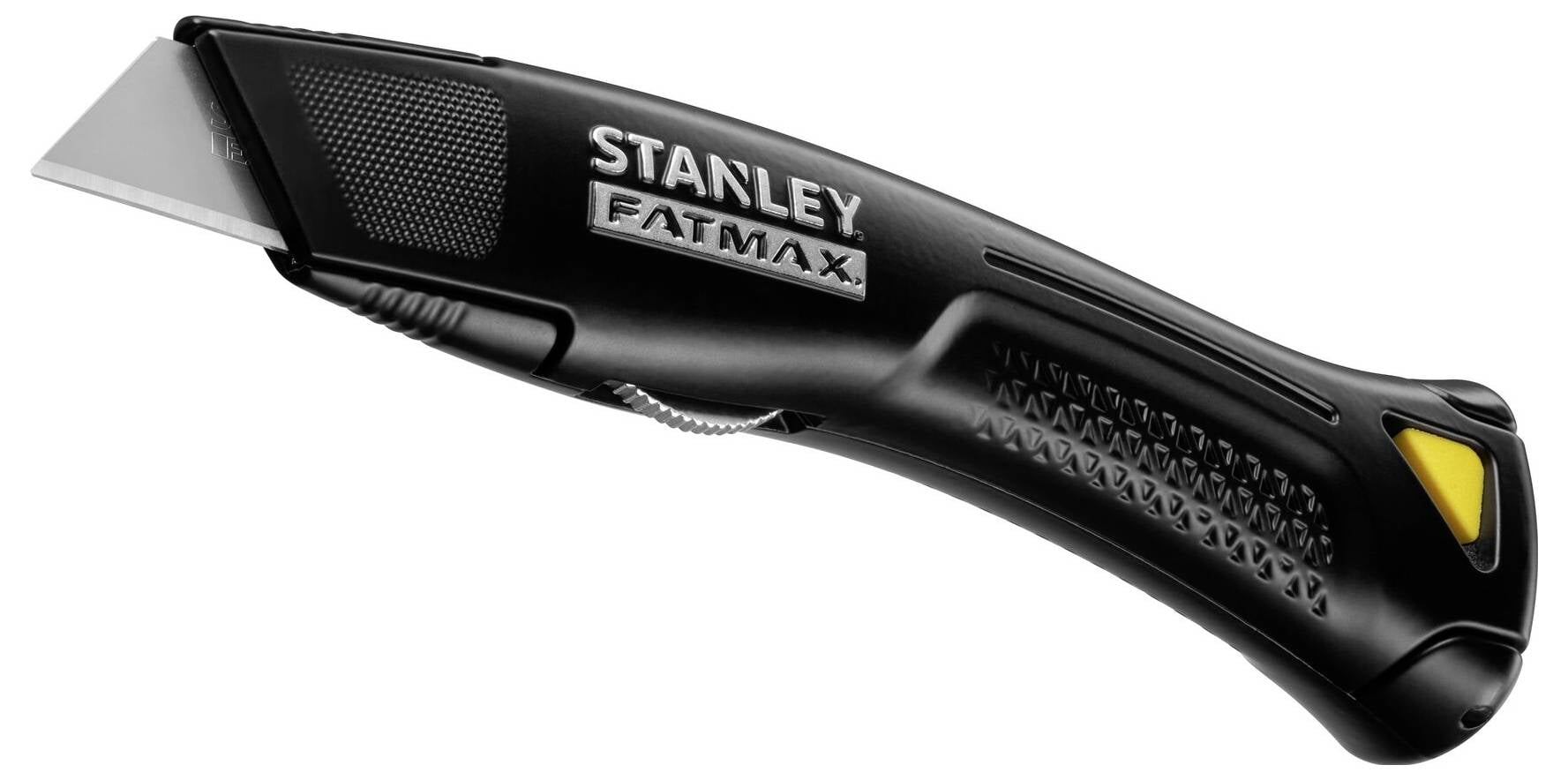 Czarny nóż do prac ręcznych z szarą stalową klingą i ergonomicznym uchwytem. Nazwa marki 'Stanley Fatmax' widoczna na rękojeści.