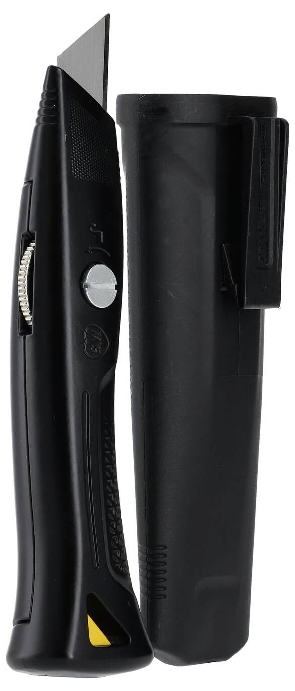 Czarny nóż monterski z chowanym ostrzem i dopasowaną osłoną.