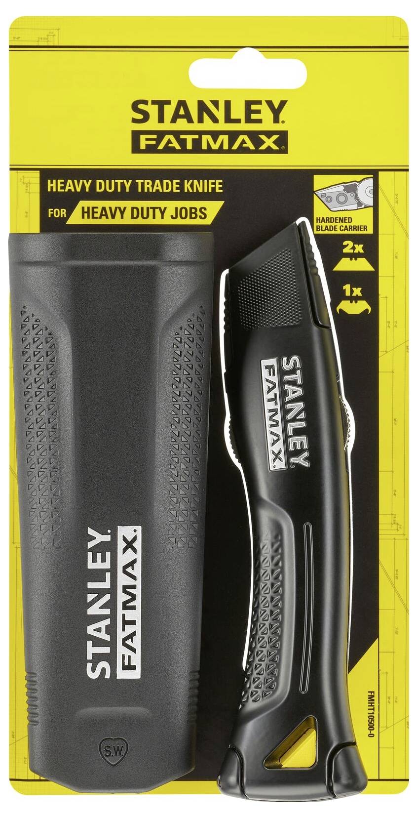 Zestaw noży bezpiecznych 'Stanley FatMax' w kolorze żółto-czarnym, składający się z noża i etui, przeznaczony do wytrzymałych zastosowań.