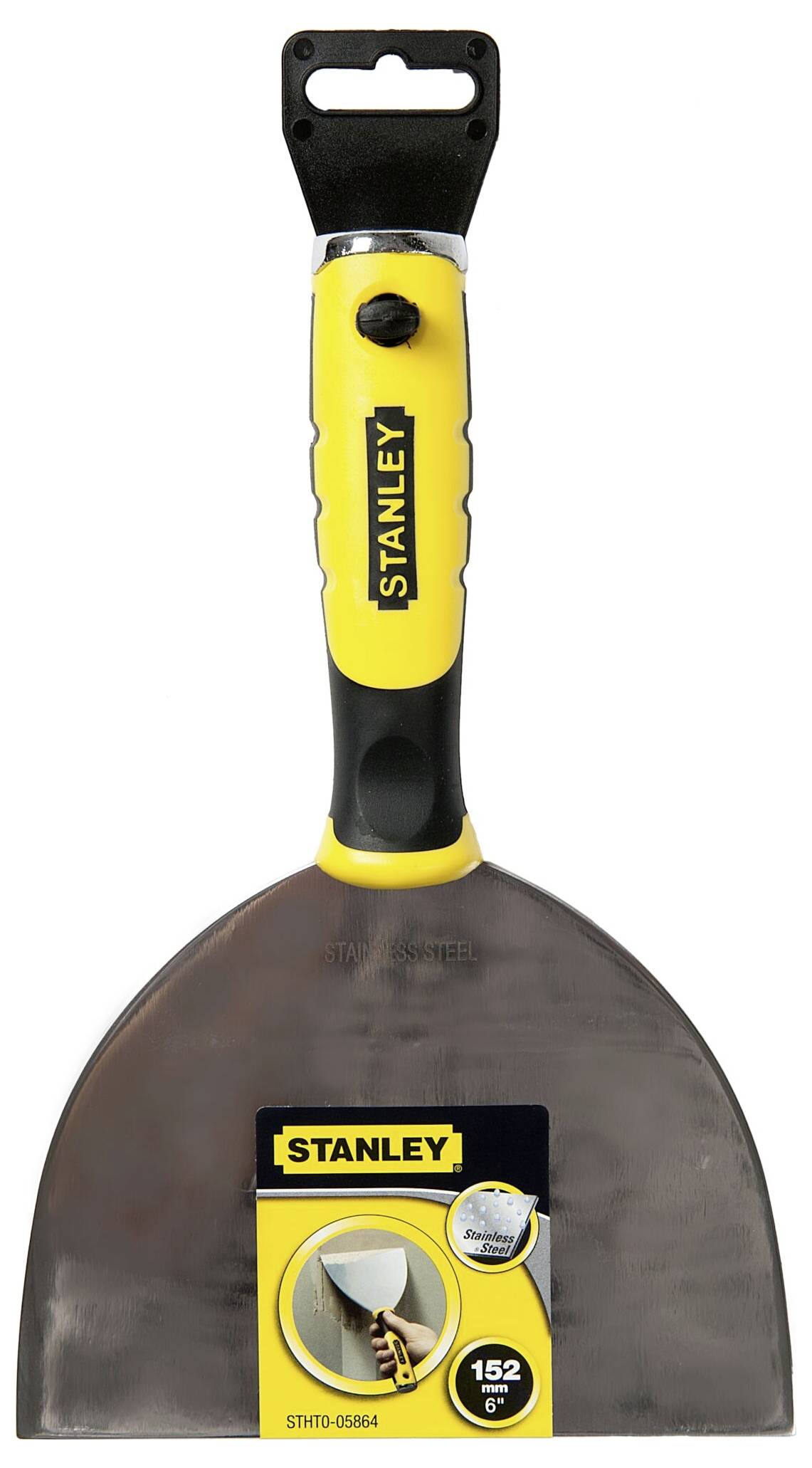 Narzędzie szpachlowe z żółtą rączką, z nadrukiem nazwy marki 'Stanley'. Odpowiednie do usuwania farby lub szpachlowania ścian.