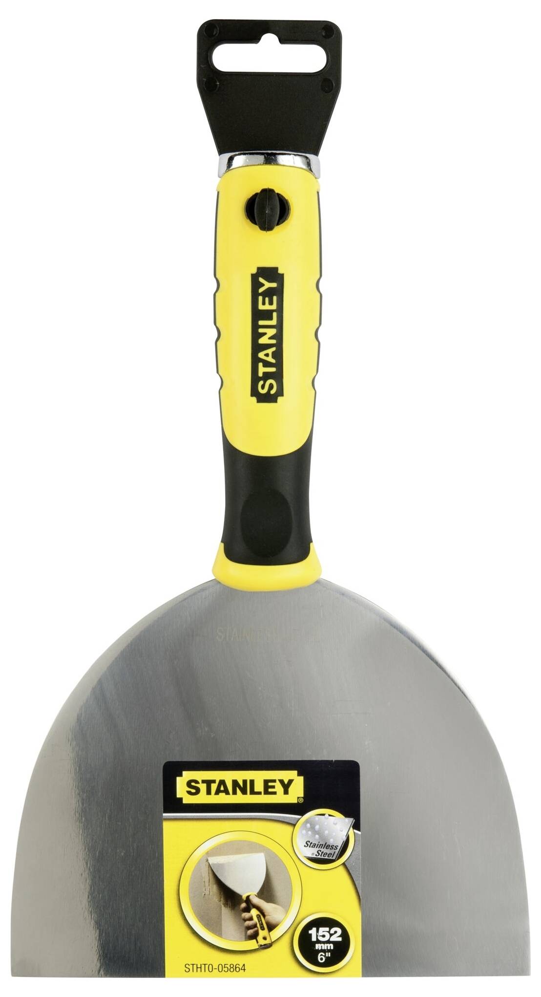 Kielnia Stanleya z żółtą rękojeścią i szeroką, płaską metalową głowicą. Odpowiednia do prac malarskich i wyrównywania ścian.